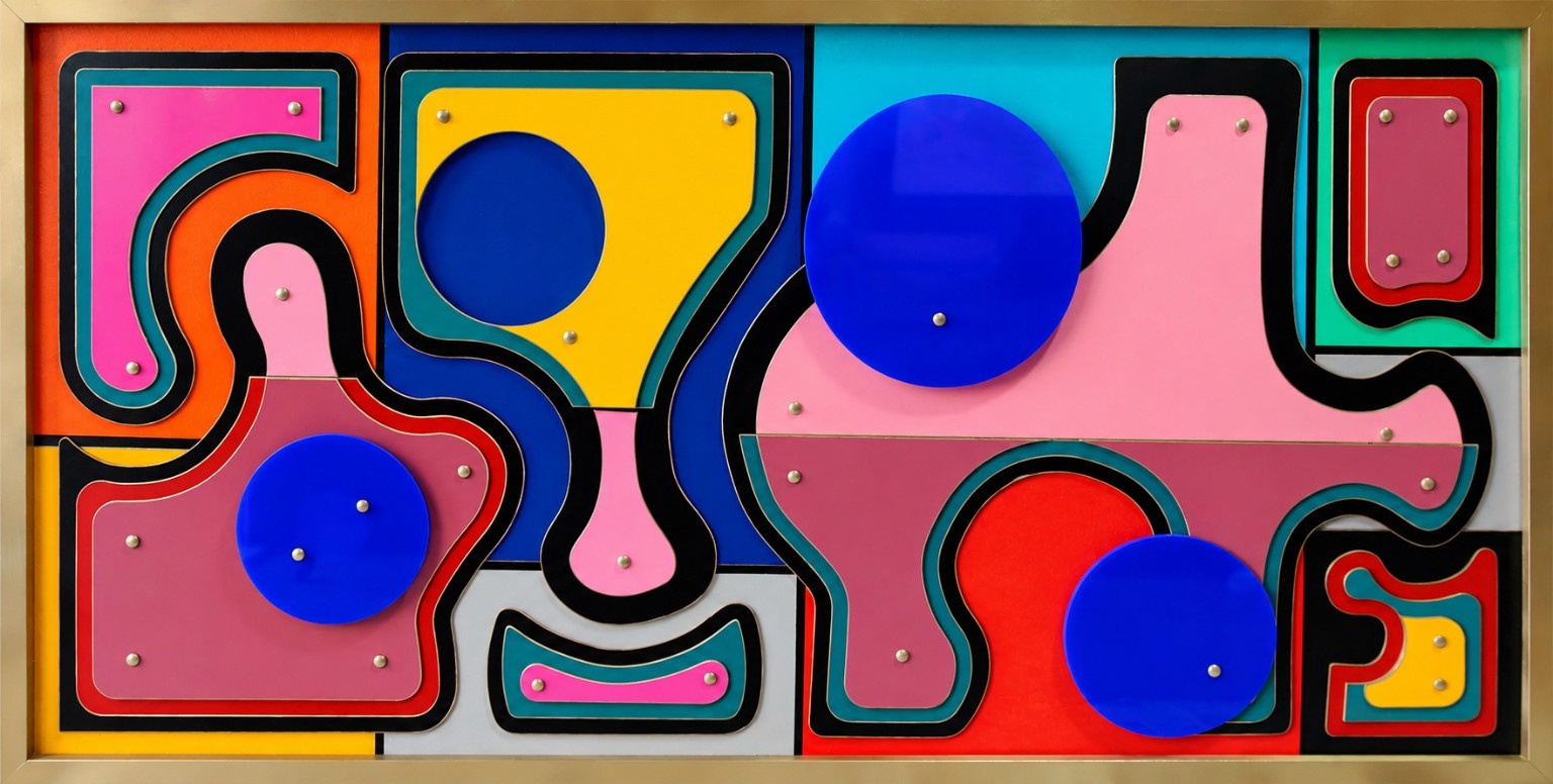 İrem Sakaoğlu, Obje No. 01, katmanlı ahşap ve pleksi karışık teknik duvar objesi, 2024, 80 × 180 cm